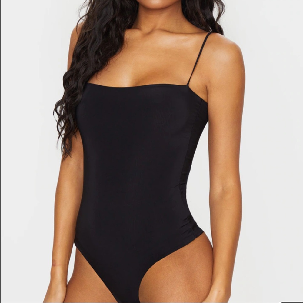 black silky spaghetti strap bodysuit